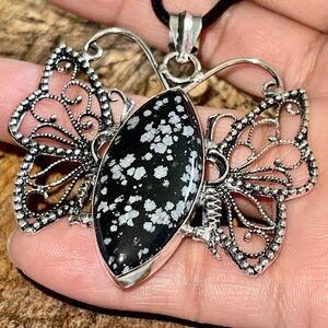 Flowering Snowflake Obsidian Butterfly Crystal Pendant 2 1/2”